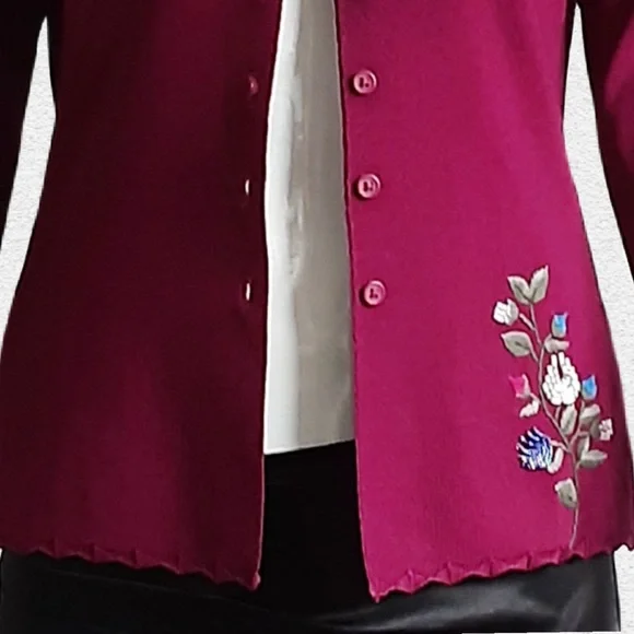 CUE Magenta Cardigan. Hand Embroidered and Beaded Multicolour Flowers - Picture 7 of 9